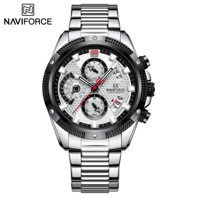 NAVIFORCE NF8021 Men Luxury Chronograph Quartz Watch Waterproof Date Stainless Steel Sport Luminous Fashion Watch - Silver White